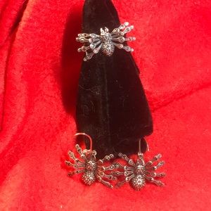.25 CTW round Garnet Marcasite Sterling Silver Earrings and .13 CTW spider ring